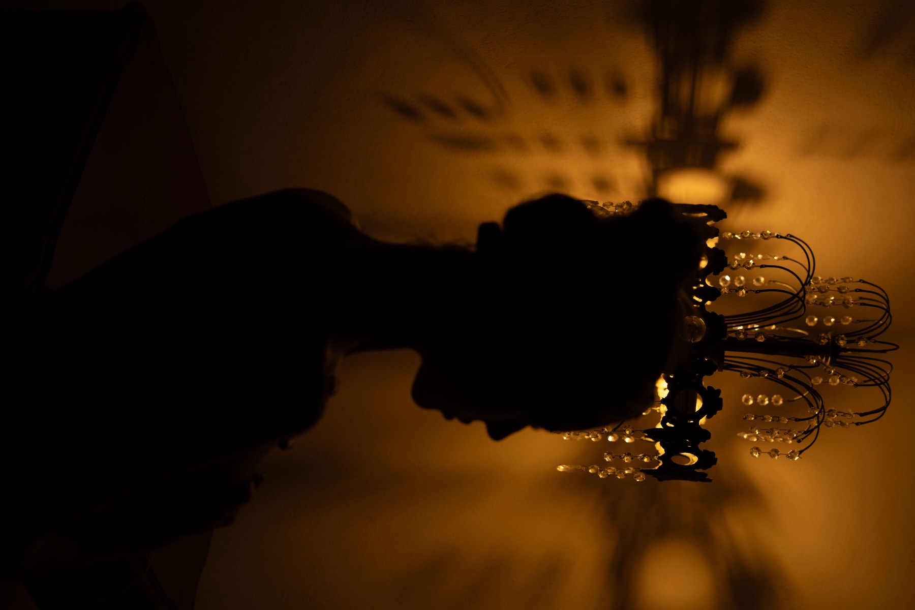 Silhouette of a woman wearing a pearl-fringed headdress against a warm lamplit wall.