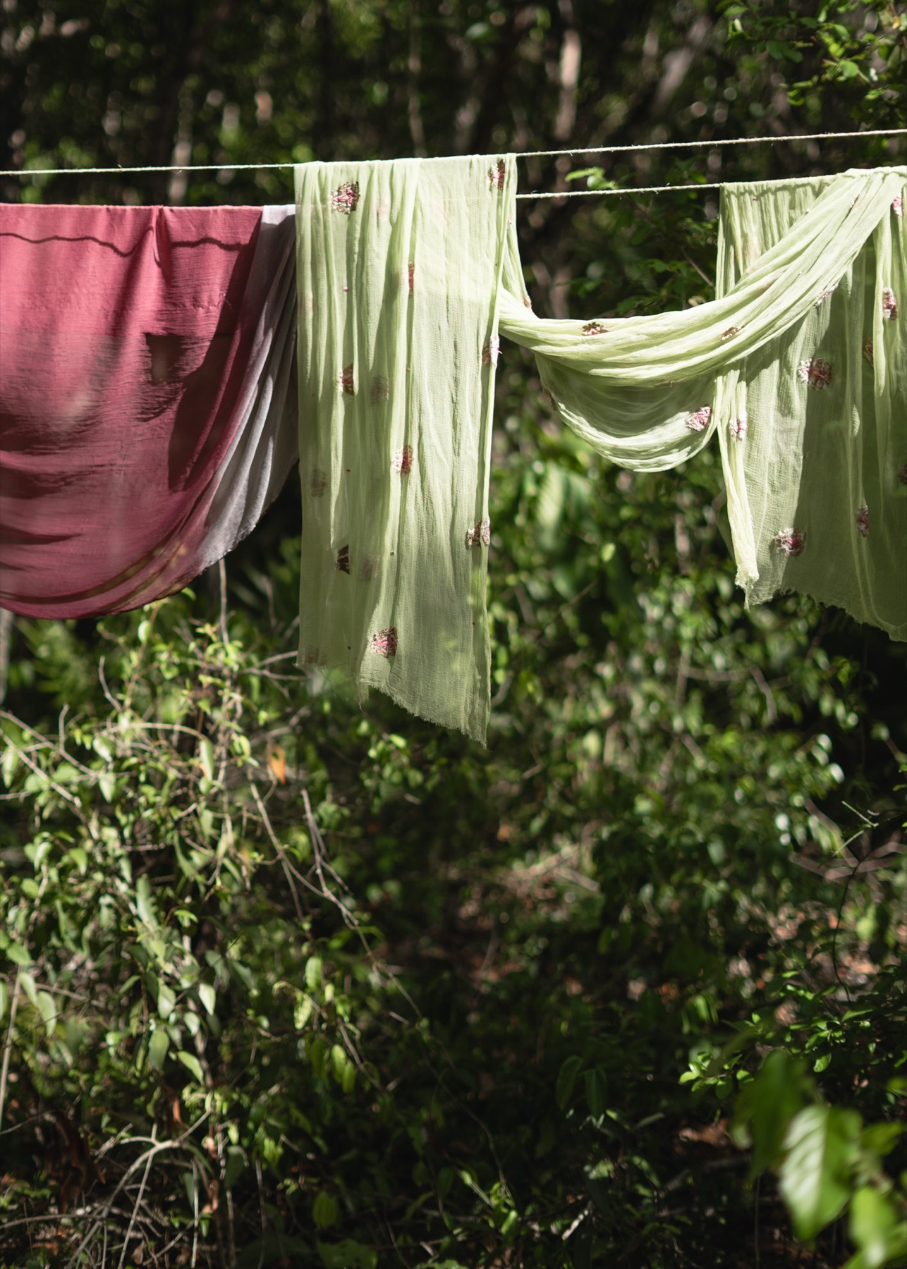 Pink and green embroidered fabrics hanging on a line in dense tropical greenery near Tulum.
