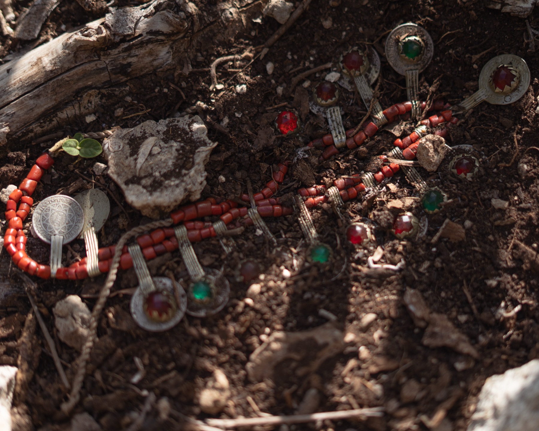 A silver and coral talisman necklace lying in the dirt among twigs and leaf litter, seen from above.