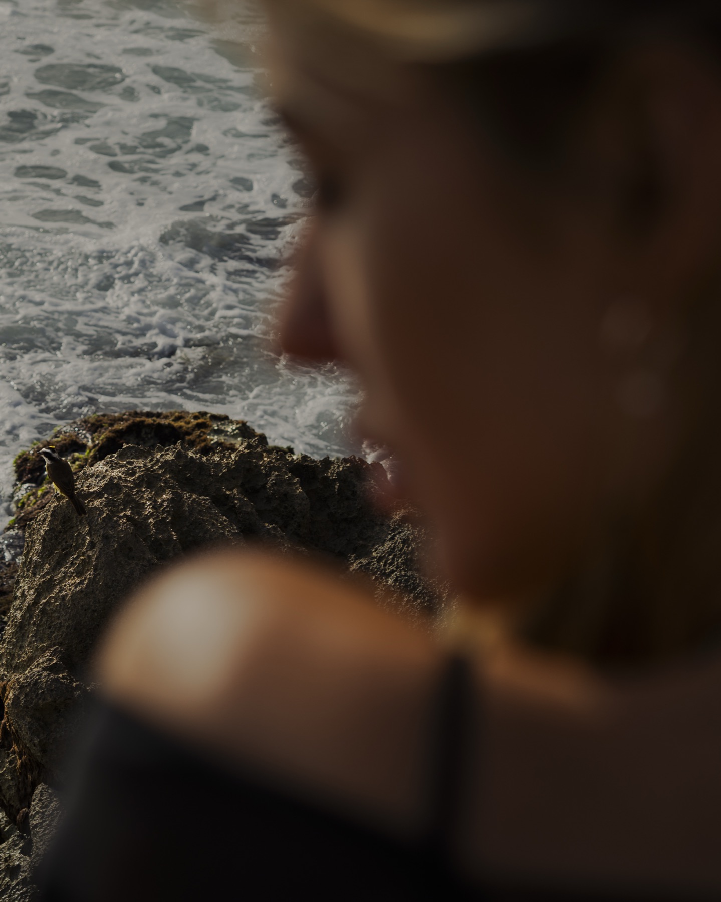 Out-of-focus frame of a woman's shoulder and jaw with the surf breaking on rock beyond her.